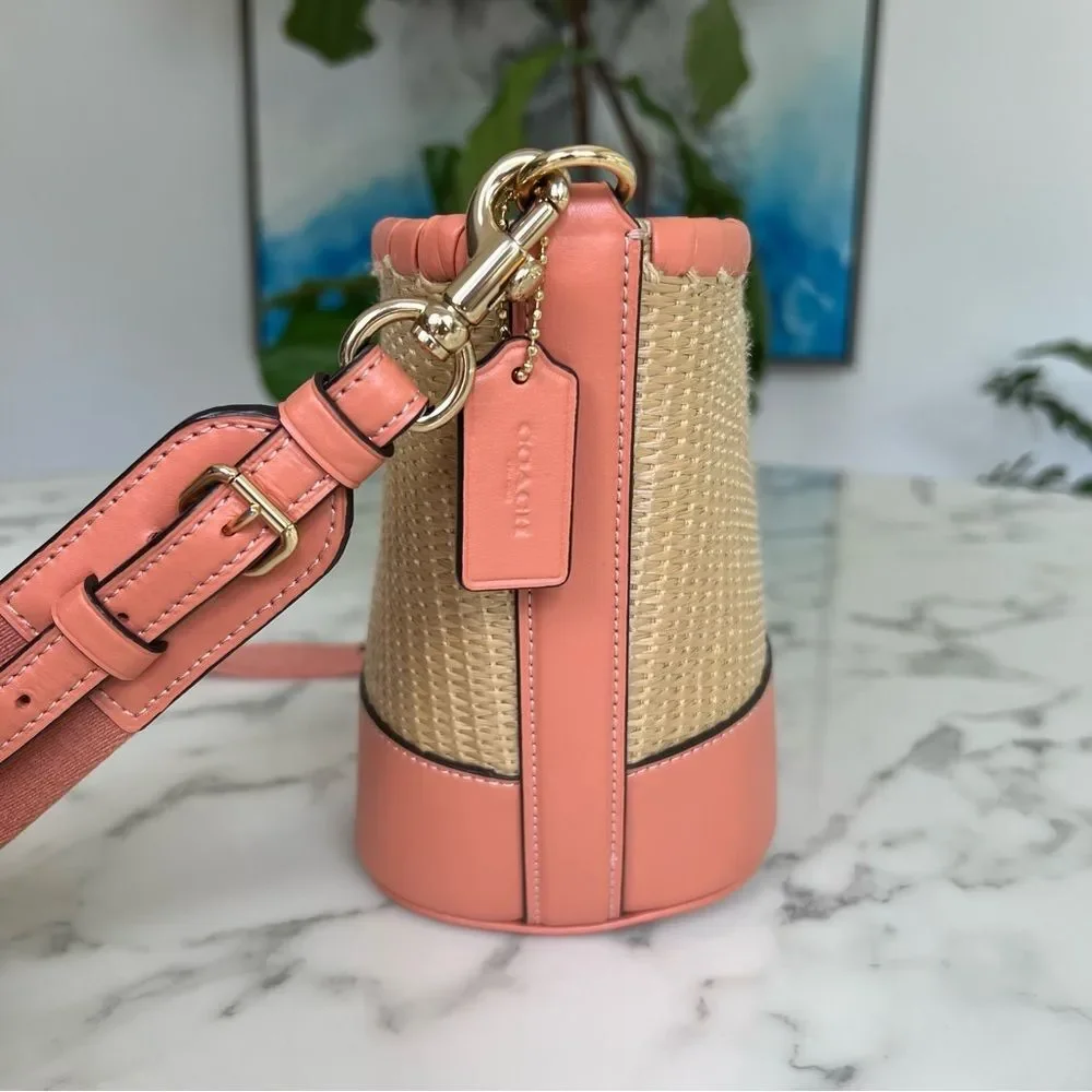COACH Woven Straw Bucket Bag Crossbody F72707 Natural Light Coral Leather Gold